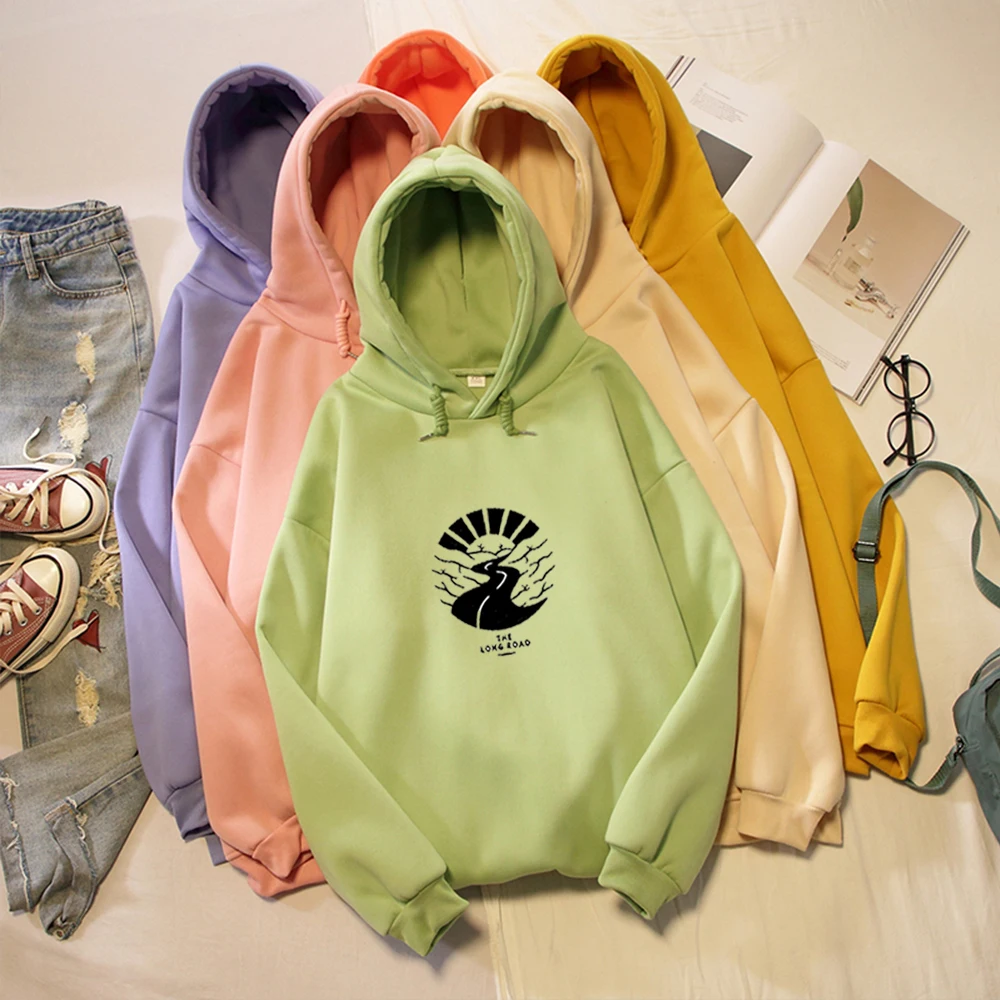 

The Long Road Black and White Painting Fashion Warm Harajuku Sweatshirt Streetwear Pullover Fleece Oversized Hoodies Women