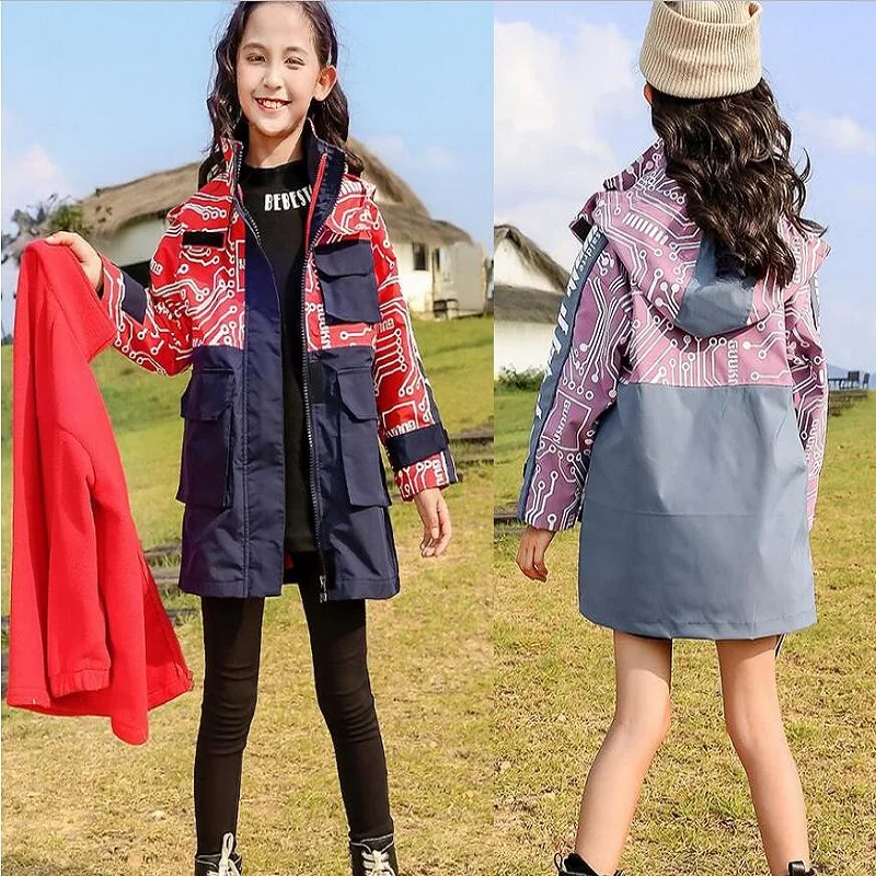 

От 5 до 15 лет, Детская куртка, съемное Спортивное теплое пальто для девочек, осенне-зимняя утепленная Тройная ветрозащитная водонепроницаем...