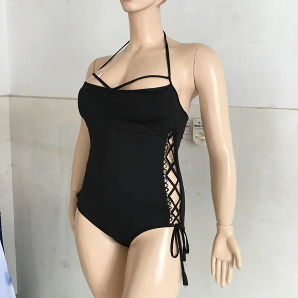

Woman 1 Piece Plus Size Lace Hollow Out Padded Ruched Halter Sexy Monokini Swimsuit Swimwear Size (Black)