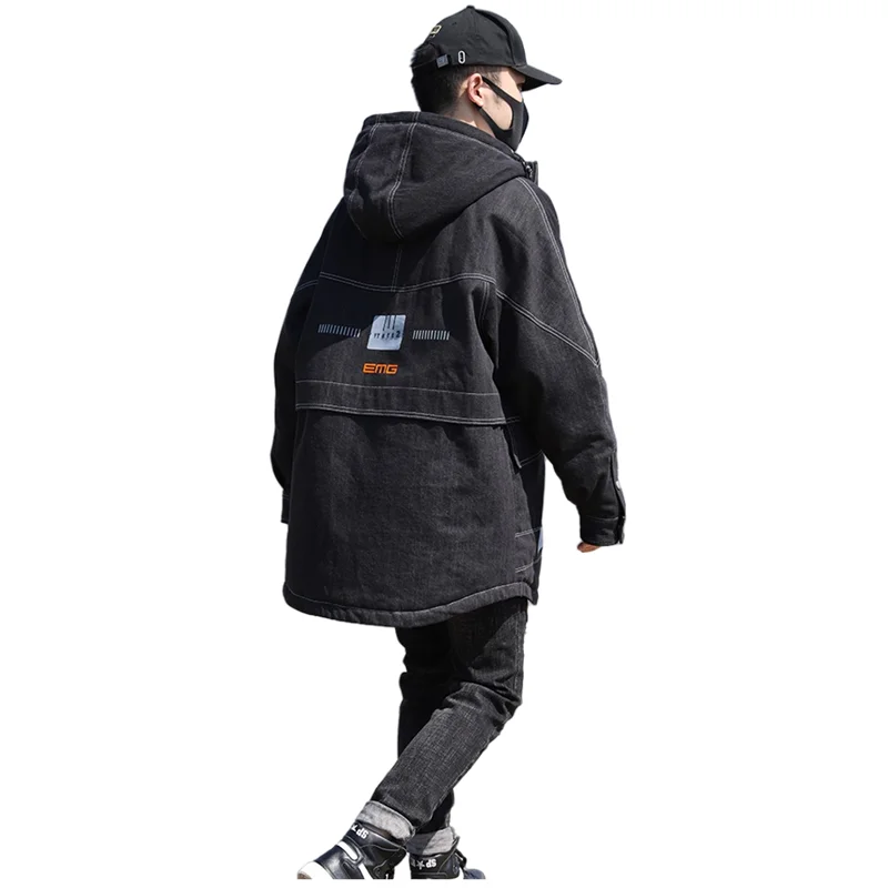 Men's Down Jacket Youth Tops Mid Length Fashion Loose Thickened Hooded Denim Jacket Overcoat Parker Handsome Jackets Warm Coat