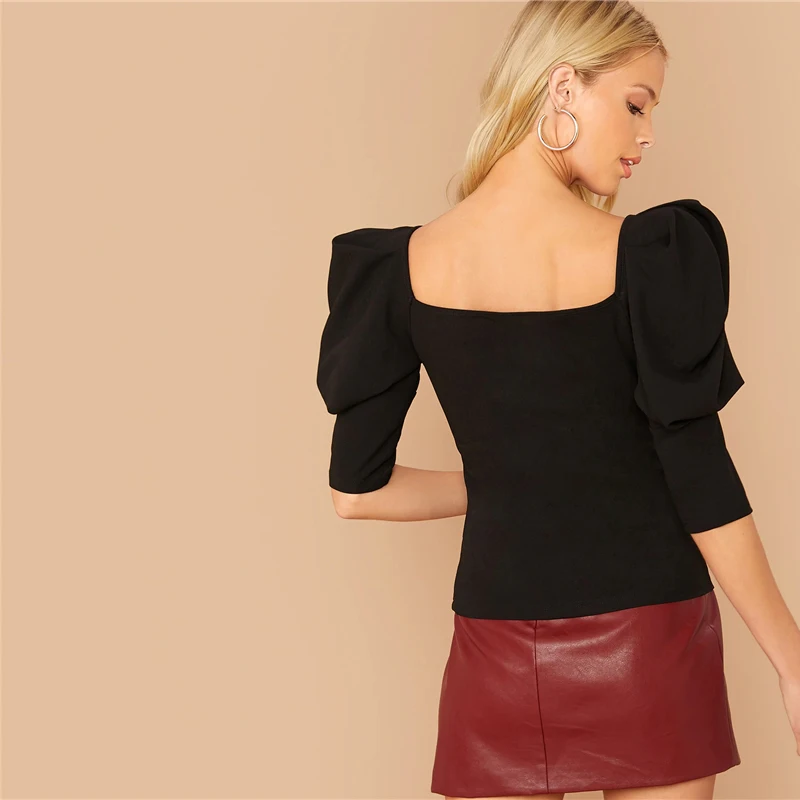 SHEIN/черная однотонная блузка с пышными рукавами и милым вырезом, Топ для женщин, весенне-осенние элегантные офисные платья, топы и блузки