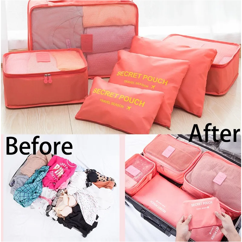 6pcs/set Travel Bag Organizer Pink Makeup Free Shipping Suitcase Packing Cube Case Set Accessories | Дом и сад
