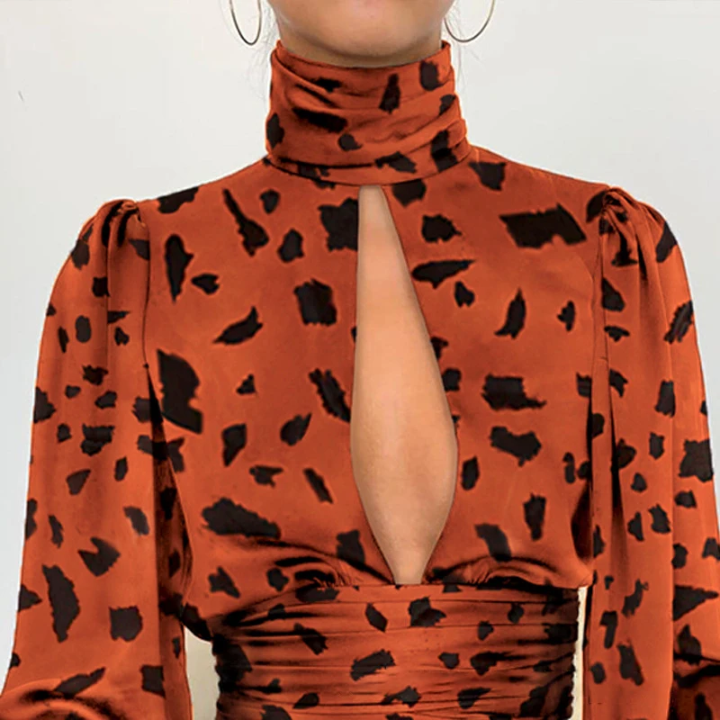 

ONEINALL Leopard Colorblock Blouses For Women High Neck Long Sleeve Cut Out Slimming Sexy Blouses Females 2021 Fashion New Style