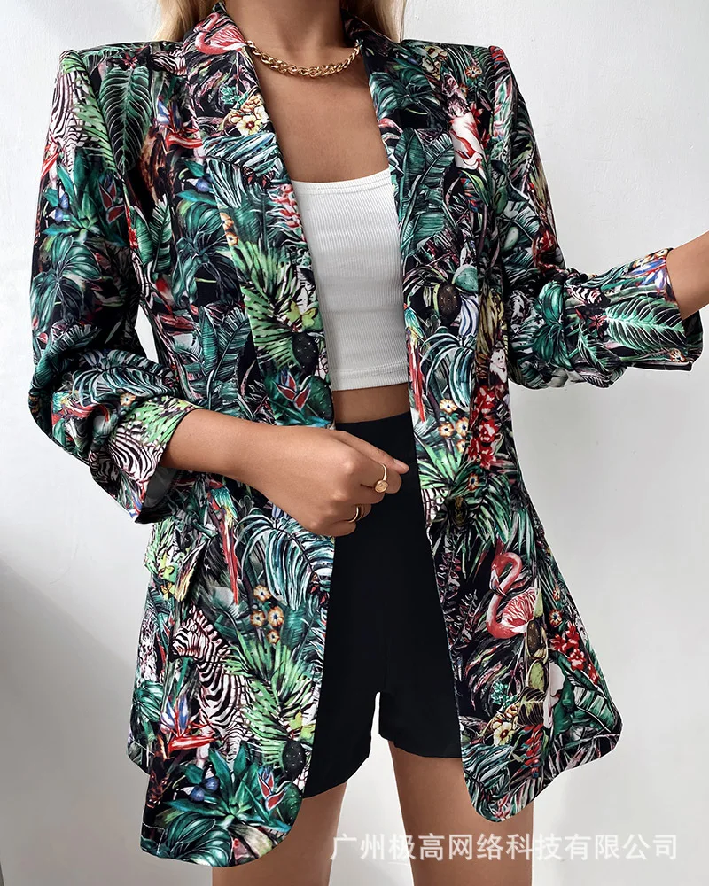 

Women's 2021 New Green Pattern Printed Suit Jacket