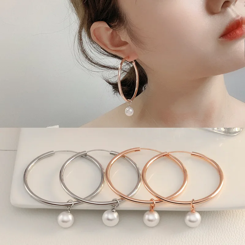 

Fashion Big Ear Hoop 925 Sterling Silver Earrings 5CM Pearl Glossy Fashion Female Earrings, Charm Jewelry Gift