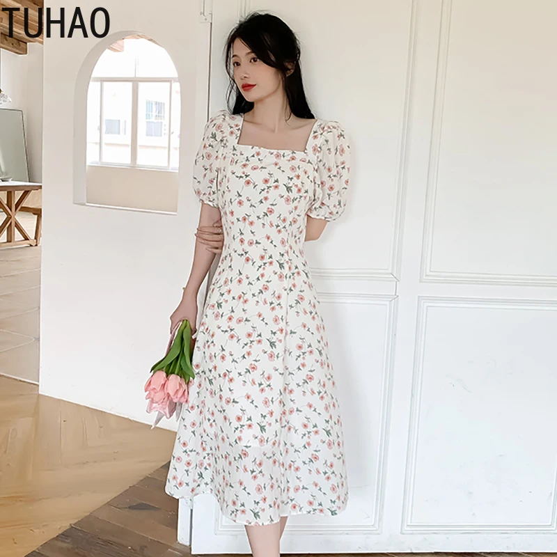 

Платье TUHAO женское с цветочным принтом, пикантный стильный сарафан с высоким разрезом и коротким рукавом-фонариком, милая одежда в Корейско...
