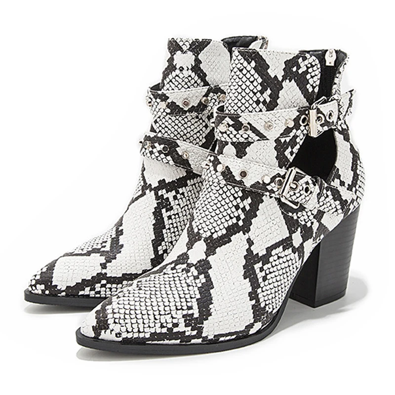 

2020 Motorcycle Western Cowboy Boots Women Snake PU Leather Short Cossacks High Heels Cowgirl Booties Buckle Ankle botas Shoes