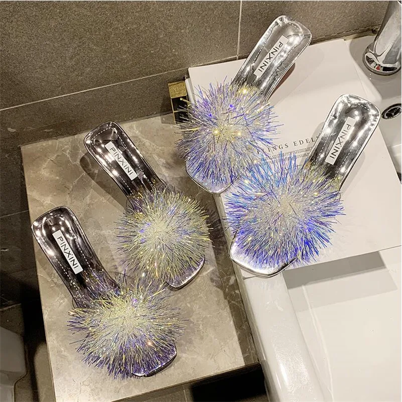 

Slippers female summer wear 2019 new wild color tassel ball transparent thick with sandals