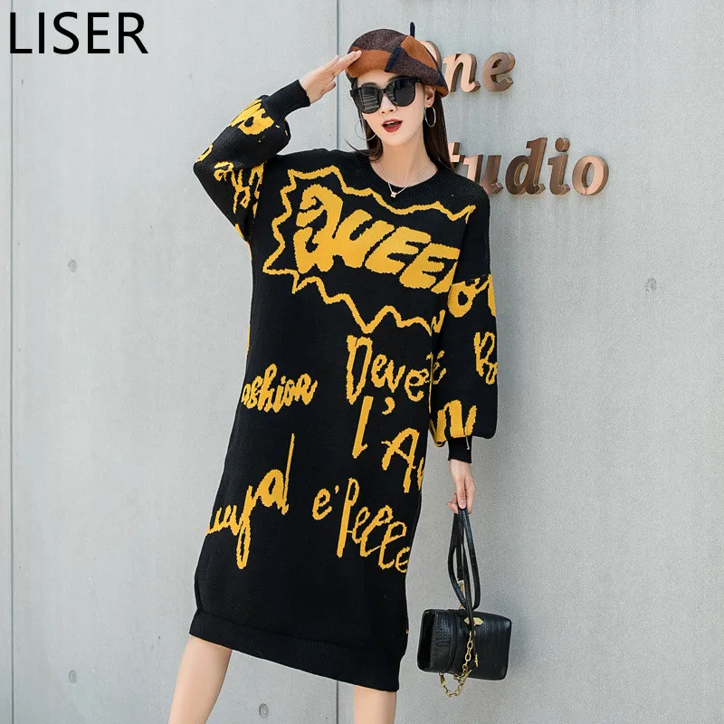 

Autumn Winter Fashion Letter Printing Round Neck Knitted Sweater Dress 2022 New Loose Large Size Pullover Women Sweater LL374