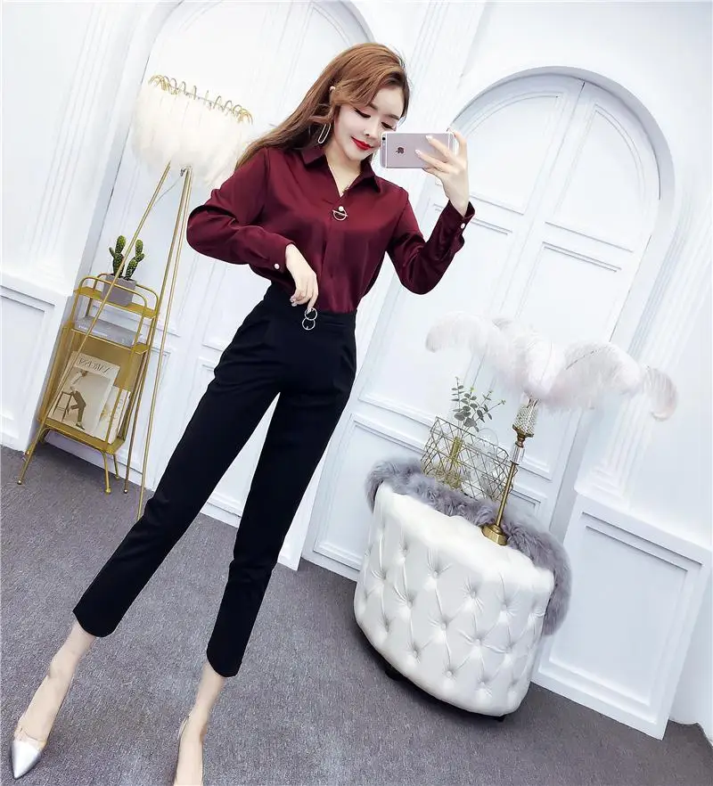 

Autumn Winter Korean Fashion Women Joker V-Neck Shirt Feet Tall Waist Slim Pants Office Lady Suit Solid Trousers Design Outfit