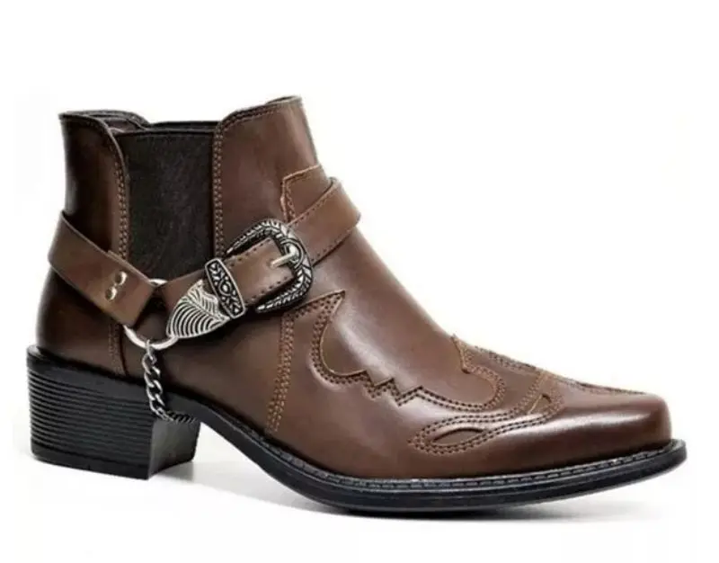 

Autumn New Men Boots Chelsea Boots Thick Heel Pointed Metal Decoration Adjustable Belt Buckle Boots Cowboy Shoes XM428