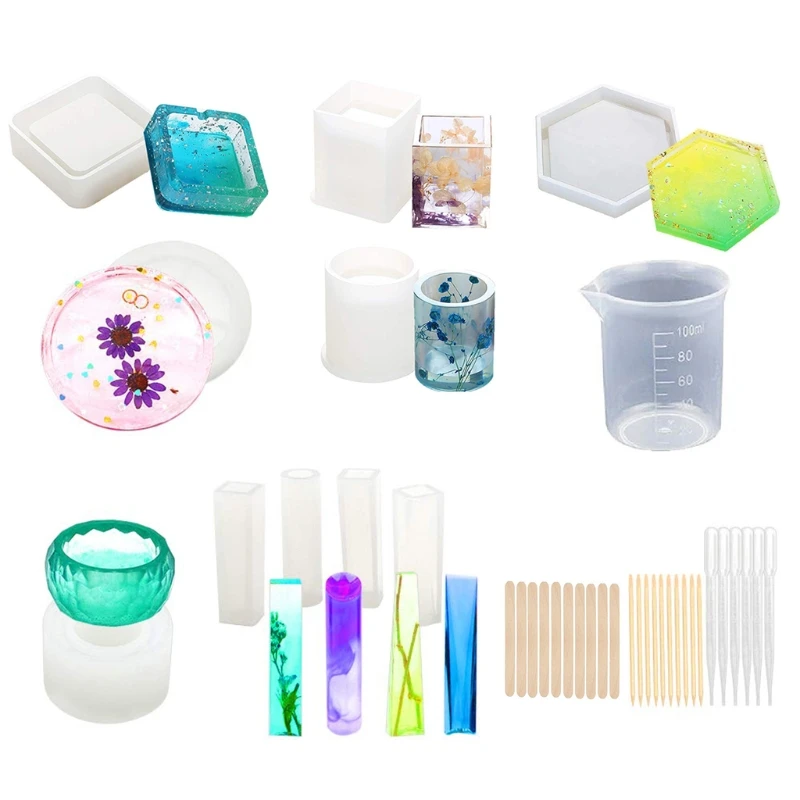 

37 шт., силиконовые формы для смолы, эпоксидная смола, литые художественные формы для творчества, включая цилиндрический шестигранный цилинд...