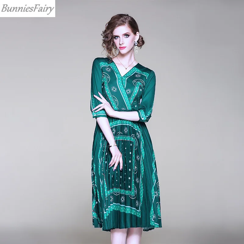 BunniesFairy 2019 Autumn New Women Elegant Vintage Retro Green Geometric Floral Print Pleated Dress V-neck Three Quarter Sleeve | Женская
