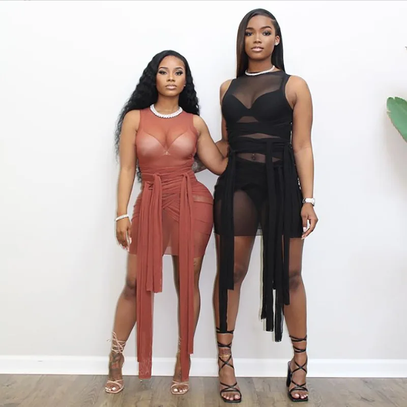 

2021 Spring Women Dress Sexy Mesh See Through Bandage O Neck Sleeveless High Elastic Party Clubwear Mini Bodycon plus size 4XL