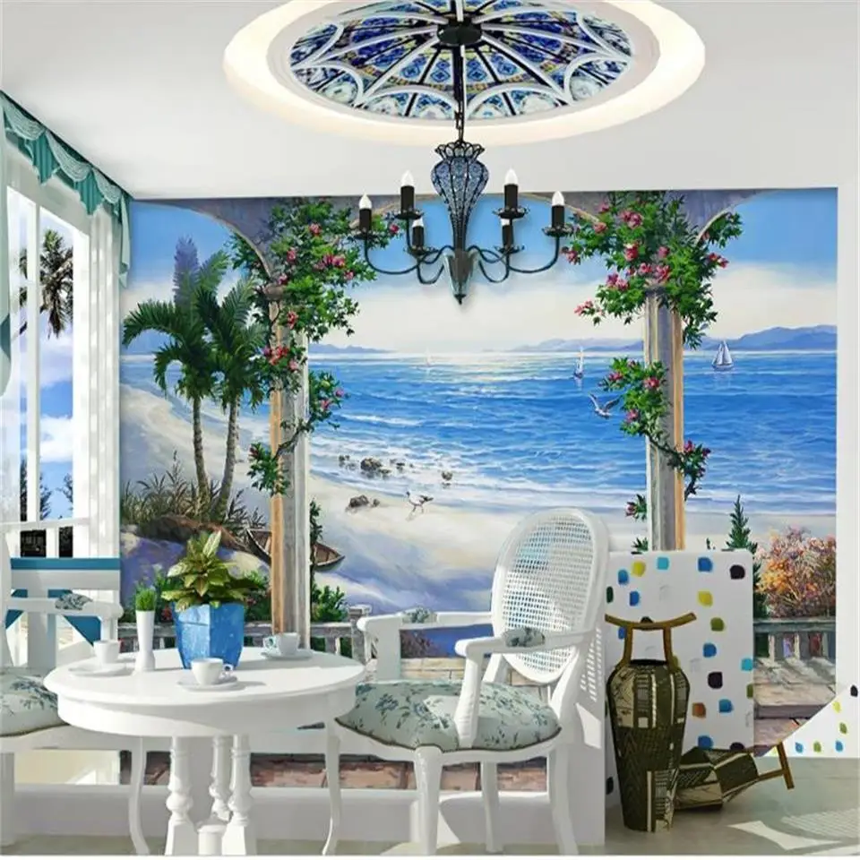 Пользовательские 3d фото обои для гостиной Фреска римская колонна Приморский вид