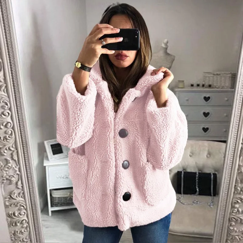 B pink Новинка, женское модное пальто из искусственного меха с длинным рукавом и отворотом, мягкая теплая куртка на осень и зиму, Женская однотонная Длинная Верхняя одежда на пуговицах, топы - Цвет: B pink