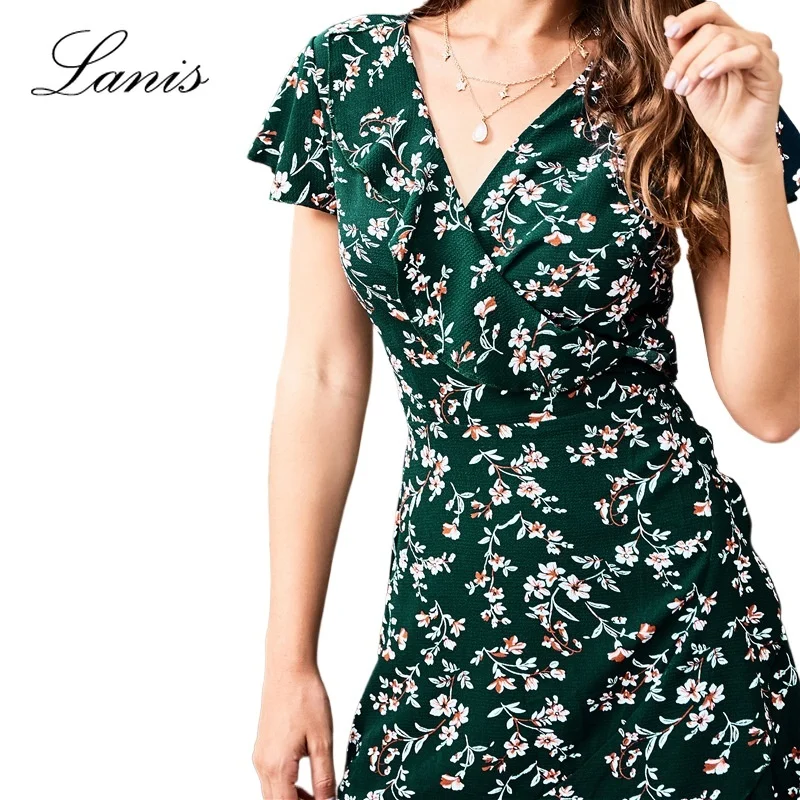 

LANIS 2021 Spring New Women's V-neck Print Dress Ladies Fashion Flower Short Skirt Holiday Women's Floral Dress Midi Clothing