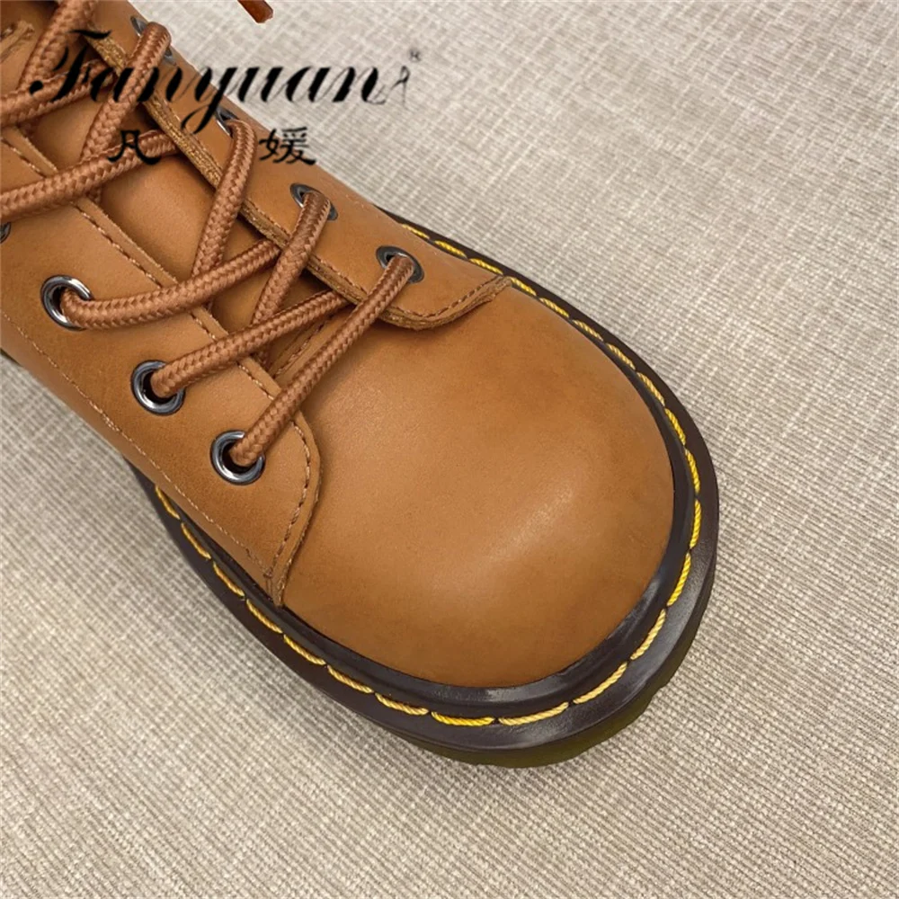 Harga Fanyuan Sepatu Bot Pergelangan Kaki Wanita Santai Netral Sepatu Hak Tebal Kulit Asli Berenda Klasik Mode Terbaru Musim Gugur Musim Dingin