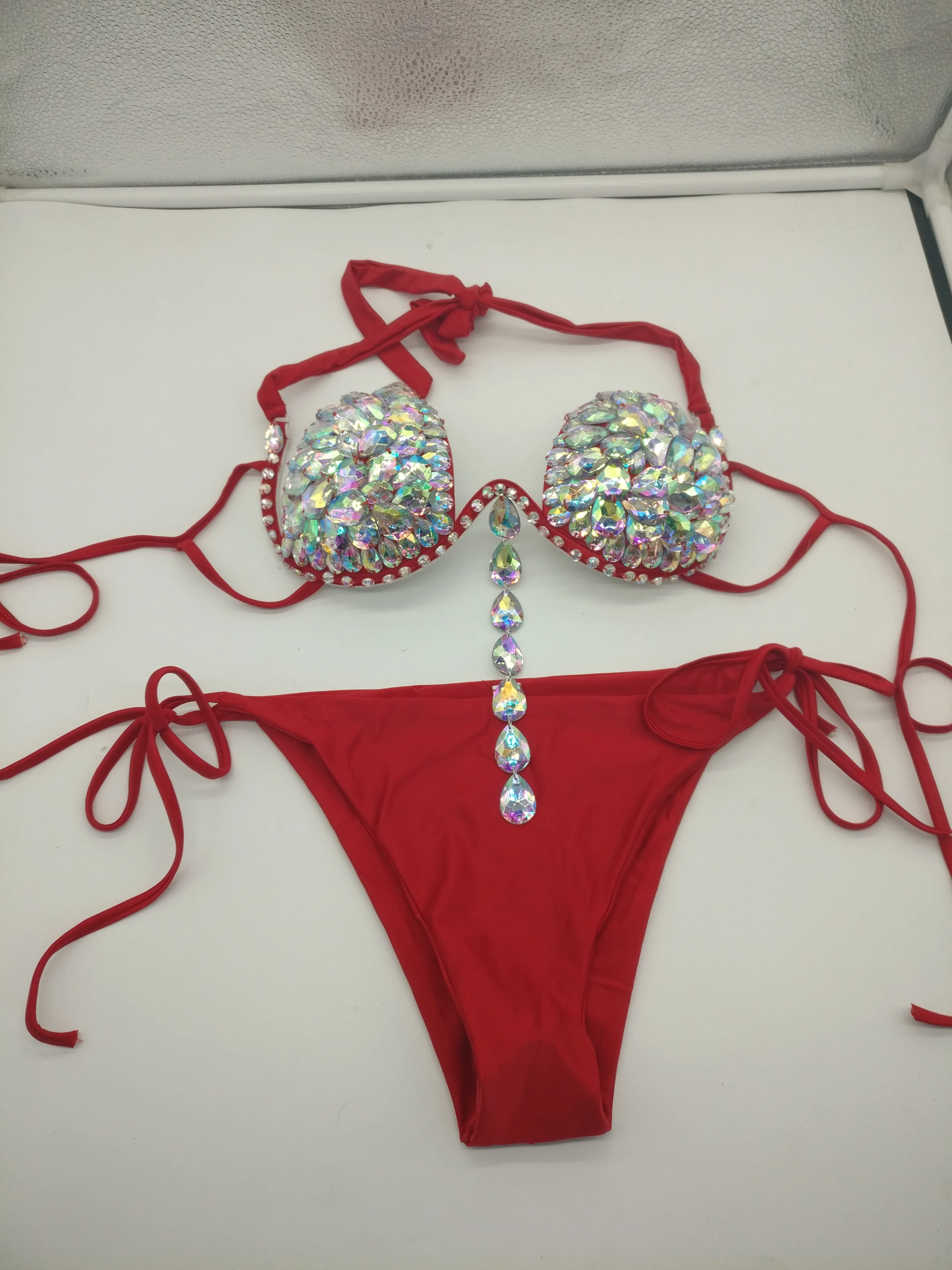 

2019 vacation diamond sexy women bikini set bandage swimwear solid color beachwear rhinestone crystal swimsuit beachwear