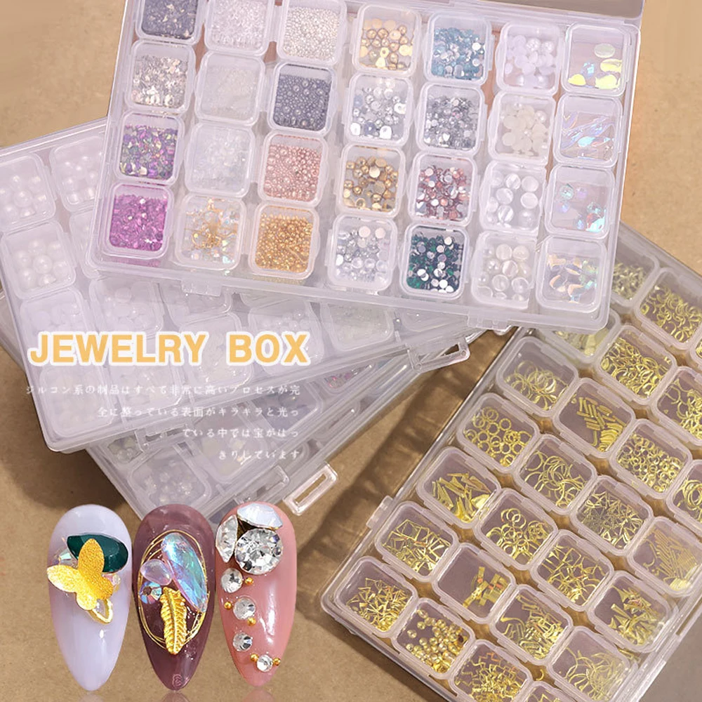 

3D Multi-Variety Decoration Kit Box 28 Grid Mix Bowknot,Rhinestone,Pearl,Rivet,Shell Luxury Charm Salon Manicure Accessories SF8