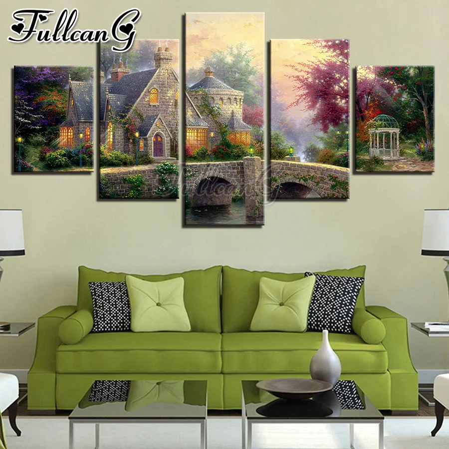 

FULLCANG European style cottage scenery 5 piece diy diamond painting full square round drill mosaic embroidery sale FC2811