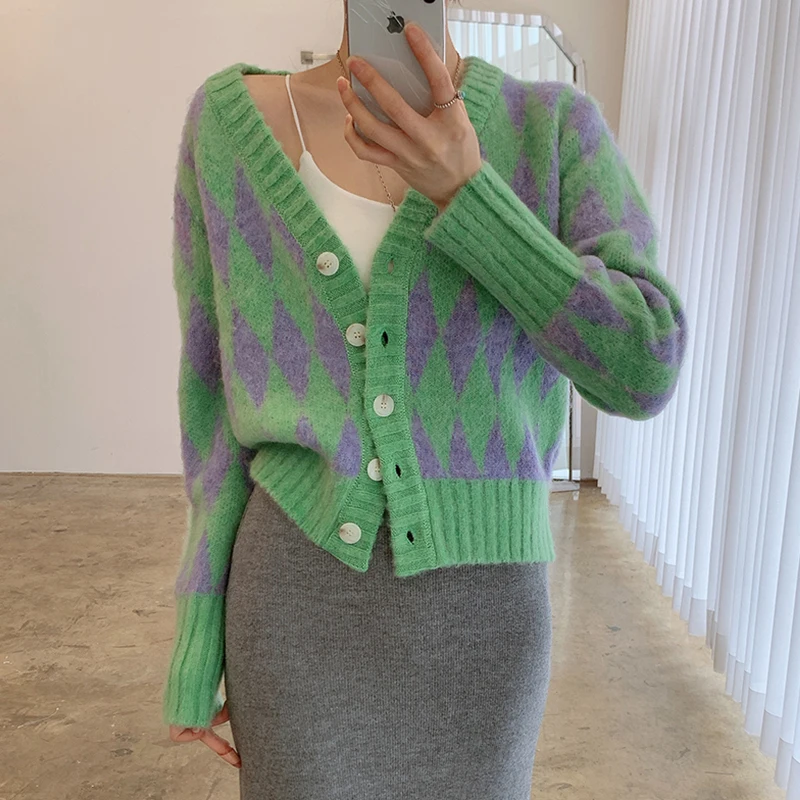 

Cardigan Women Argyle Sweater V-Neck Knitted 2021 New Fall Clothes Casual Single Breasted Top Fashion Clothes