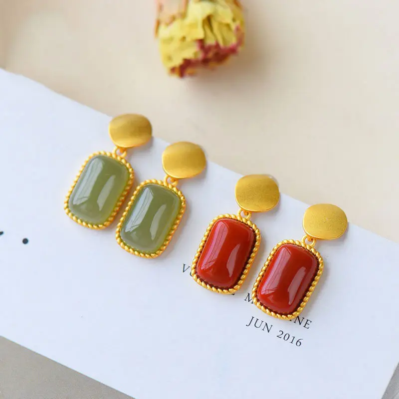 

Natural Hetian Jasper Earrings Chinese style retro unique ancient gold craft charm women's Christmas Halloween Gift