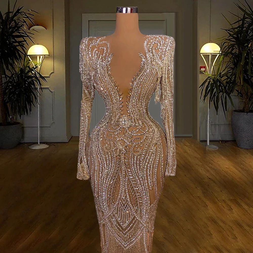 

Luxury Elegant Deep V Neck Evening Dress Sparkly Sequin Beaded Cystal Singer Stage Show Costume