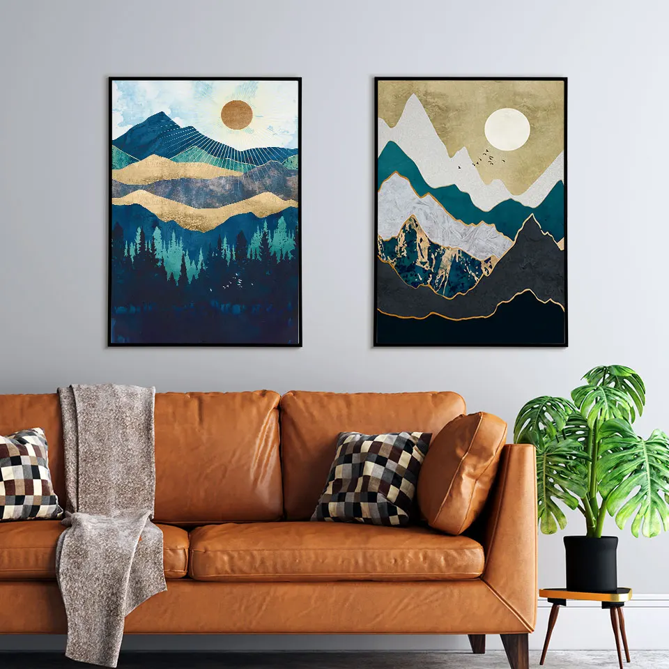 

Golden Sun Landscape Poster Abstract Forest Canvas Painting Mountain Wall Art Pictures For Living Room Home Decorative Prints