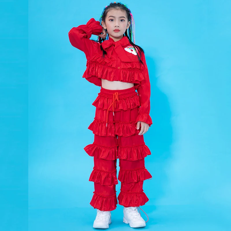 Танцевальные костюмы в стиле хип хоп для девочек детский красный топ брюки