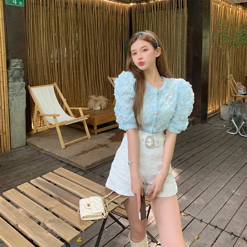 

Elegant Women Fashion Shorts 2 Piece Set 20231 Summer Office Lady New Short Crop Top Single Breasted Shirt + Slim Shorts Suits