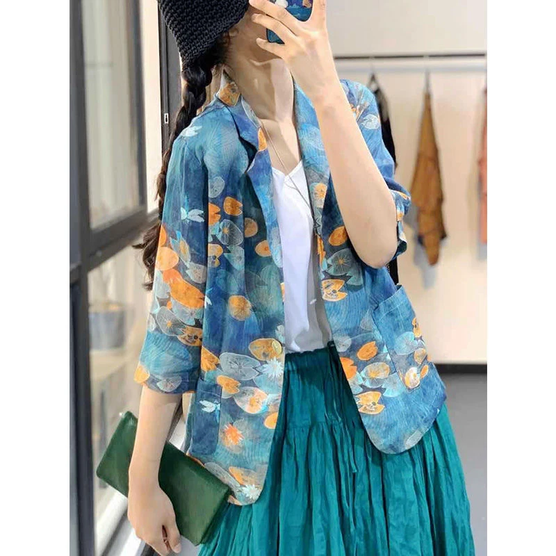 

2020 Summer Arts Style Women Half Sleeve Loose Vintage Print Blazer Femme Coat Single Button Cotton Linen Blazers M179