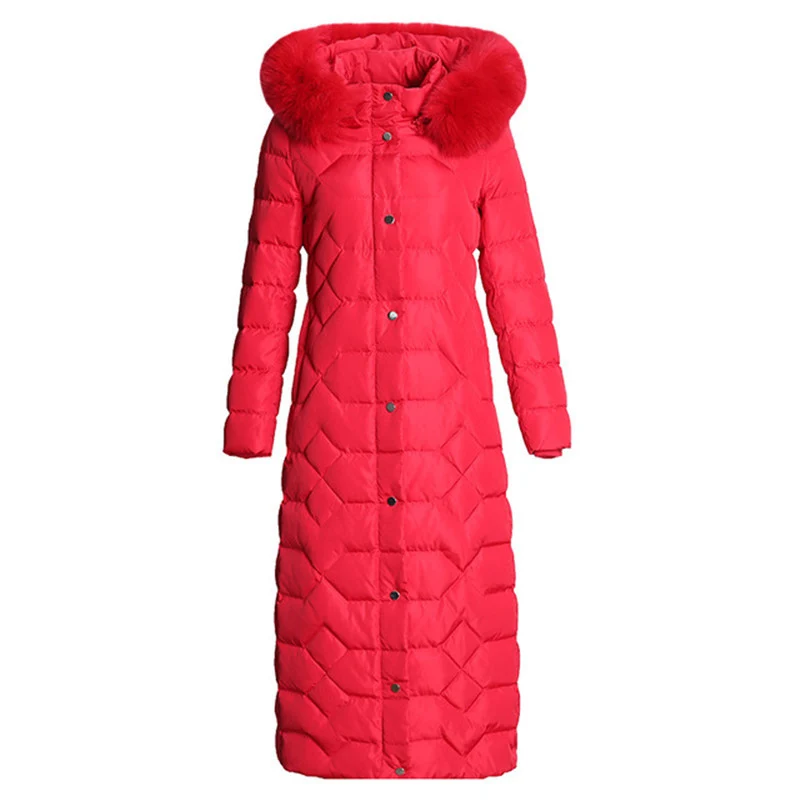 Женский зимний пуховик с капюшоном длинная парка воротником из натурального