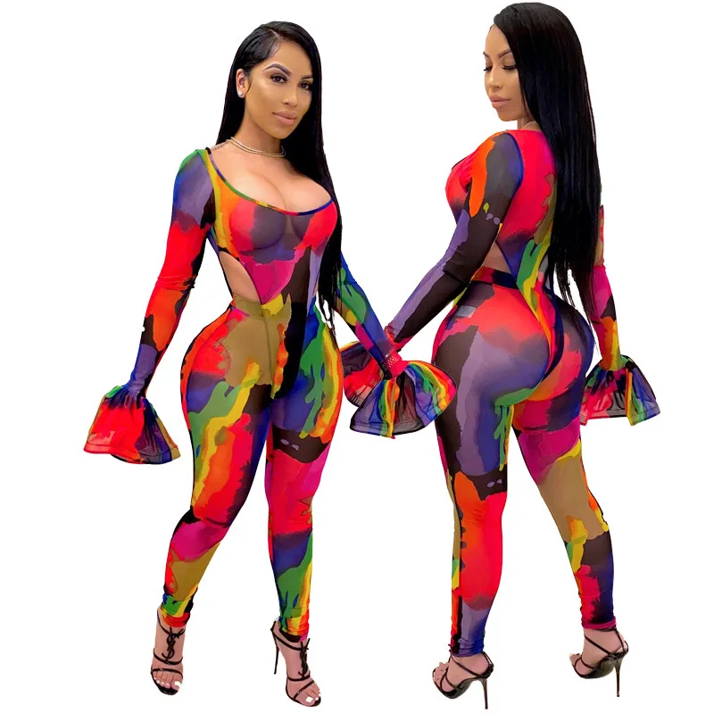 

Tie-dye See-through Red Colorful Printed 2 Two Pieces Sets Female's Hollow Out Long Flare Sleeves Square Collar Two-Piece Sets