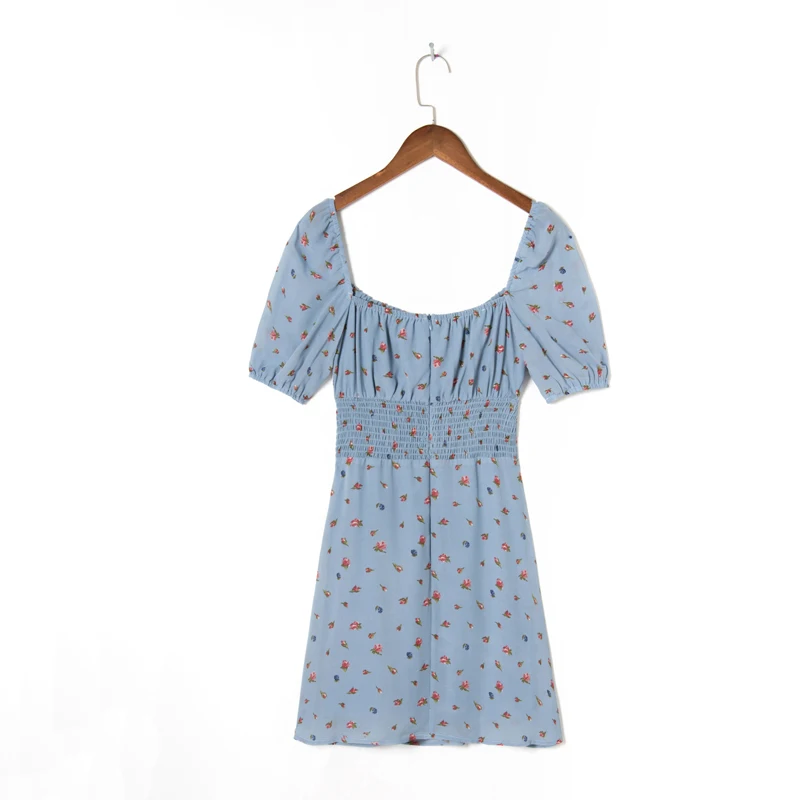 

Summer Women's Casual Flower Printed Square Neck Short Sleeve Bowknot Decorated Slim Dress