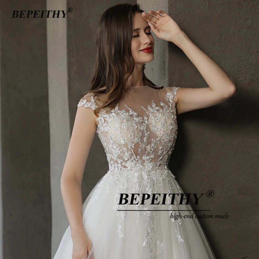 BEPEITHY A Line Cap Sleeves Boho Wedding Dresses 2022 Vestidos De Novia O Neck Lace Sexy Boho Bridal Beach Gown Suknia Slubna images - 6