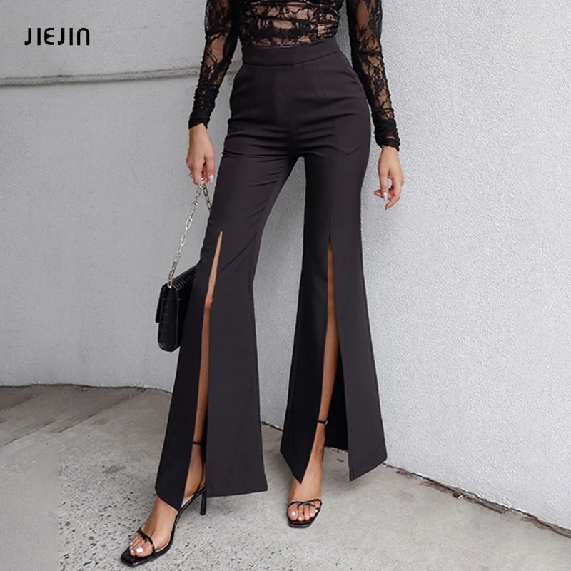 

Sexy Black High Waist Flared Pant Women Hin Thin Elegant Office Lady Front Split Trousers Harajuku Women's Wide Pants