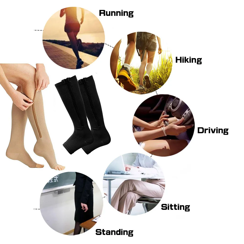 

2 Pair Compression Long Socks Zipper Leg Calf Sleeves Toeless Running Hiking Climbing Driving Swelling Relieve Pain Socks
