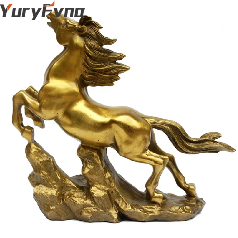 YuryFvna16.5cm(6,") высота золотой латуни бегущая Статуэтка «Лошадь» фэн шуй скульптура животных Статуэтка Miniture домашний офисный Декор