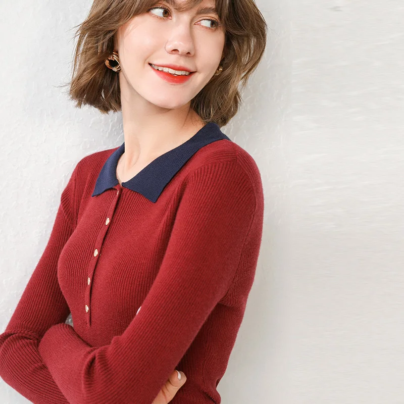 Элегантные женские свитера с воротником поло Осень-зима 2019 модные вязаные