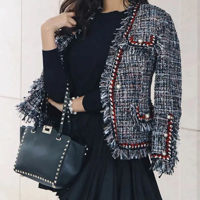 

JSXDHK High Quality Runway Women Tassel Pearl Button Outerwear New Fall Winter Tweed Thick Weave Long Sleeve Female Jacket Coat