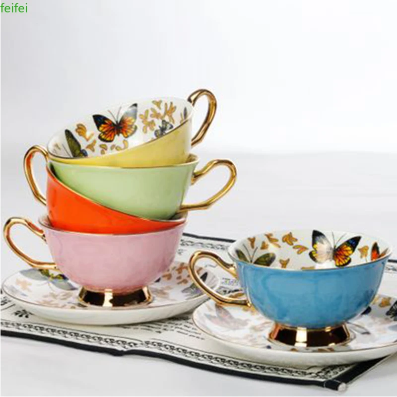 Кофейные чашки фарфоровые высококачественные чайные с бабочками и цветами