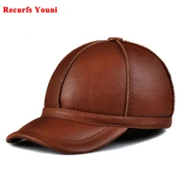 ry9203 korean fashion winter mens genuine leather caps male ear muffs casual warm baseball hat adjustable yellow thick chapeau
