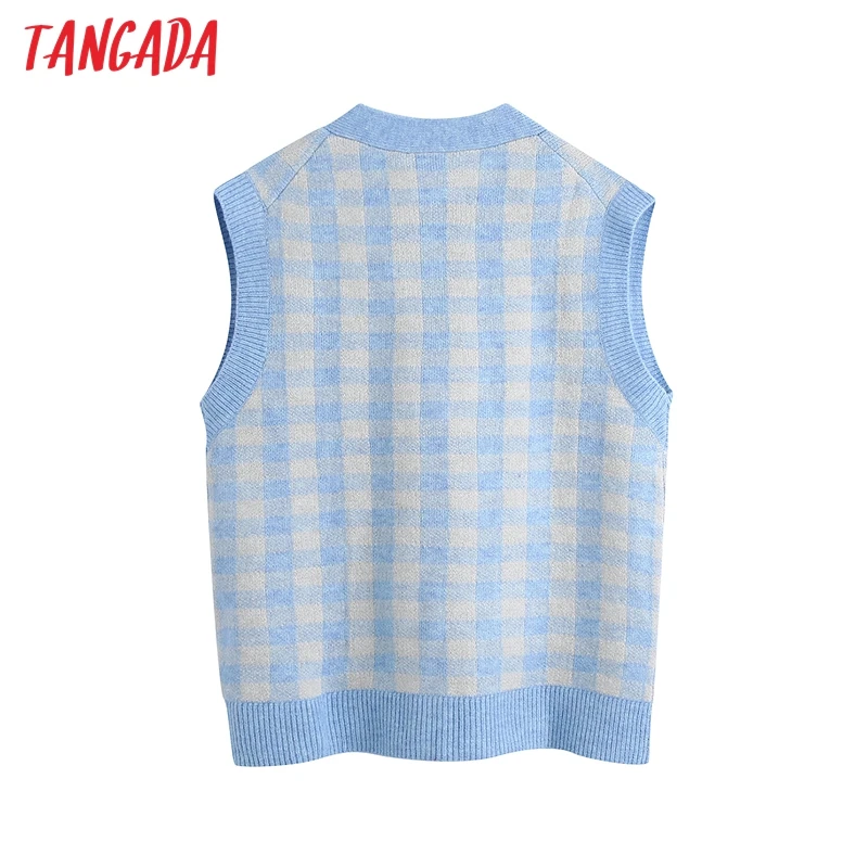 

Tangada Women Blue Plaid Oversized Knitted Vest Sweater Beading Buttons V Neck Sleeveless Waistcoat Chic Tops BE274