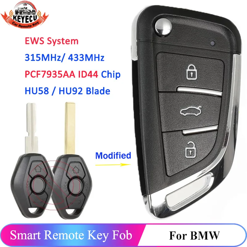 

KEYECU EWS System Modified Flip Remote For BMW 1 3 5 7 Series X3 X5 Z3 Z4 Keyless Transmitter 315MHz 433MHz ID44 Car Key Fob