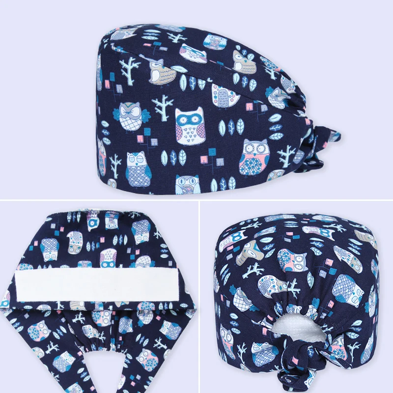 

Lucky Owl Scrub Caps Pattern Navy Nursing Print Work Hats Pink Women Men 100% Cotton Beautician Chef Skull Cap M133