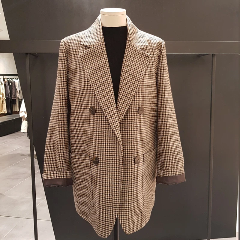 autumn winter vintage plaid woolen blazer women double breasted straight belted suit jacket