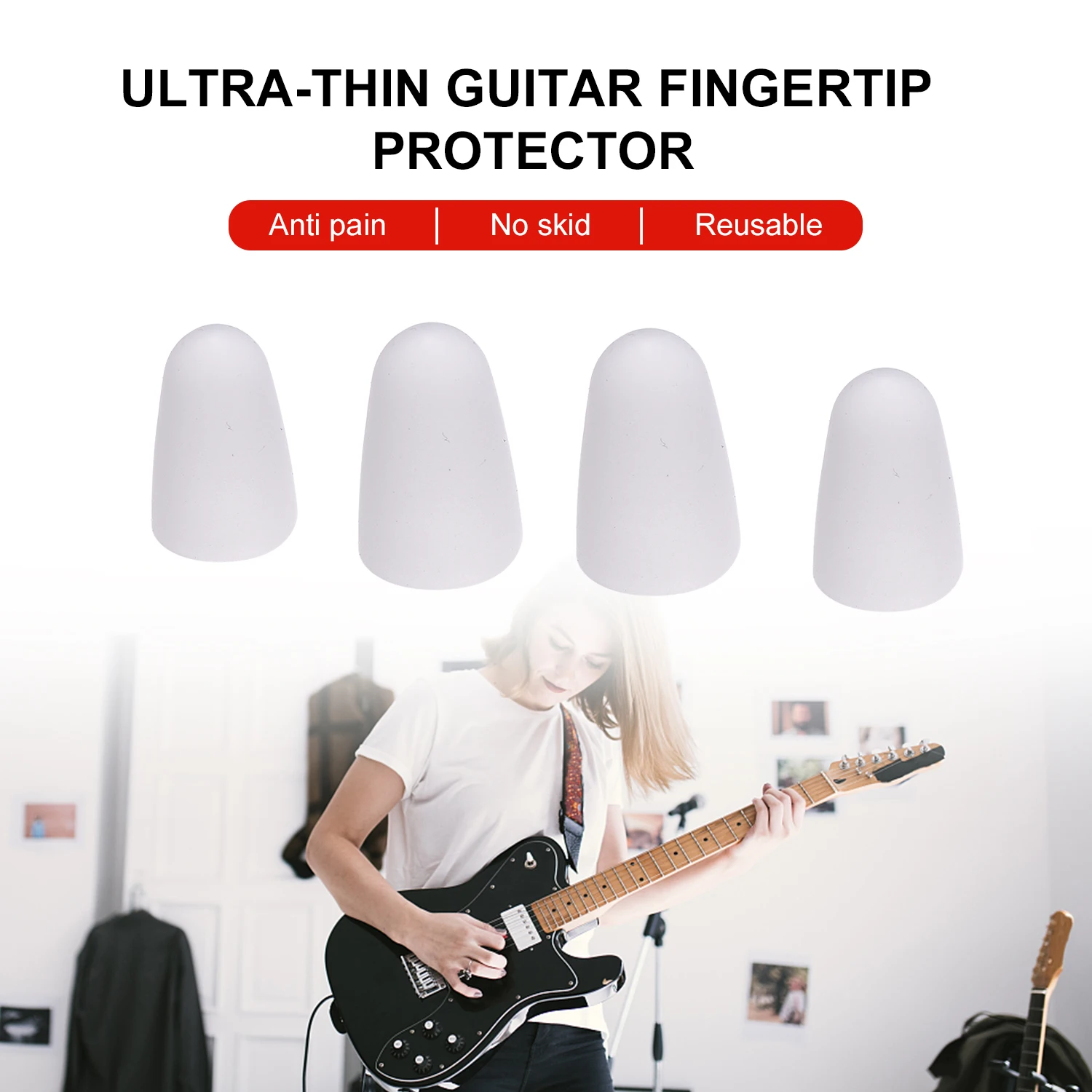 

Muslady 4PCS Ultra-Thin Guitar Fingertip Protector Anti-Slip Silicone Finger Guard Cover Left-Hand Finger Caps Prevent Pain