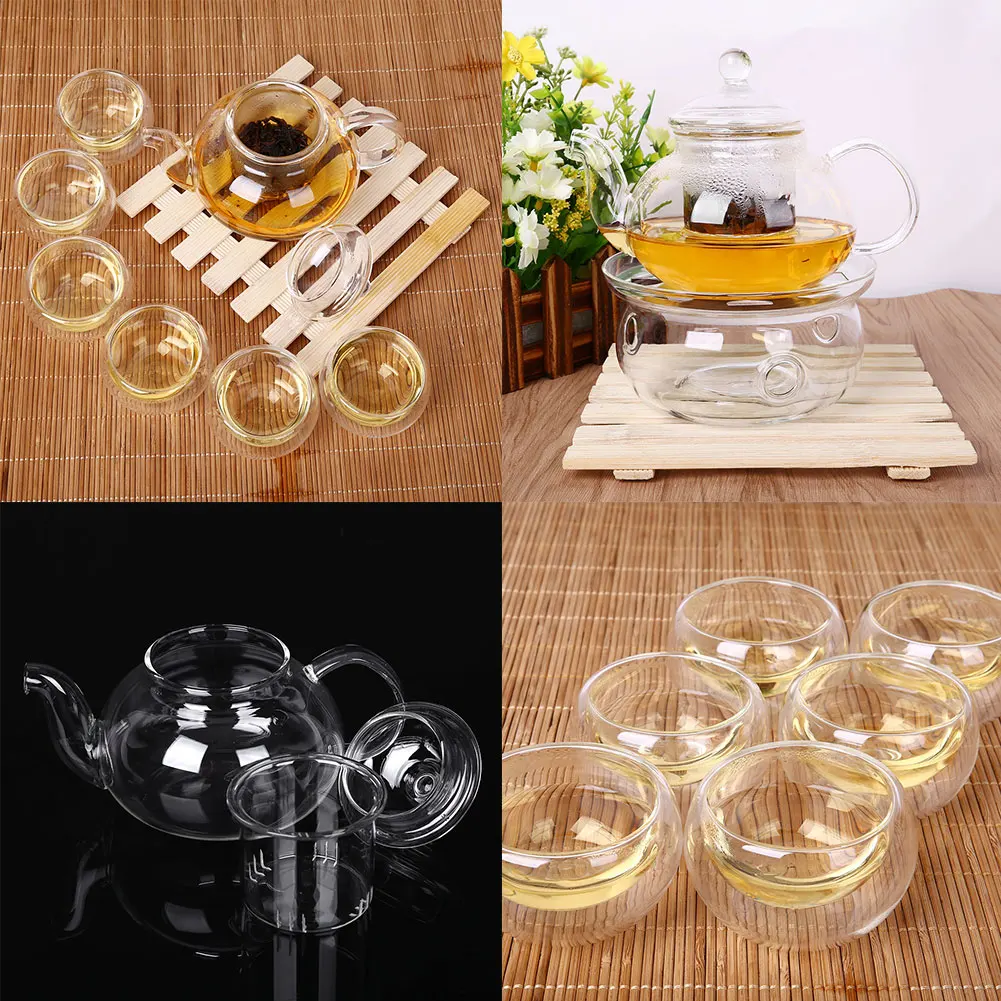 Tea Set 800ml Teapot+Warmer+6 Pot Home Sarafe Clear Glass Infuser Double Wall Kitchen W/ Cup Heat Resistant Borosilicate | Дом и сад