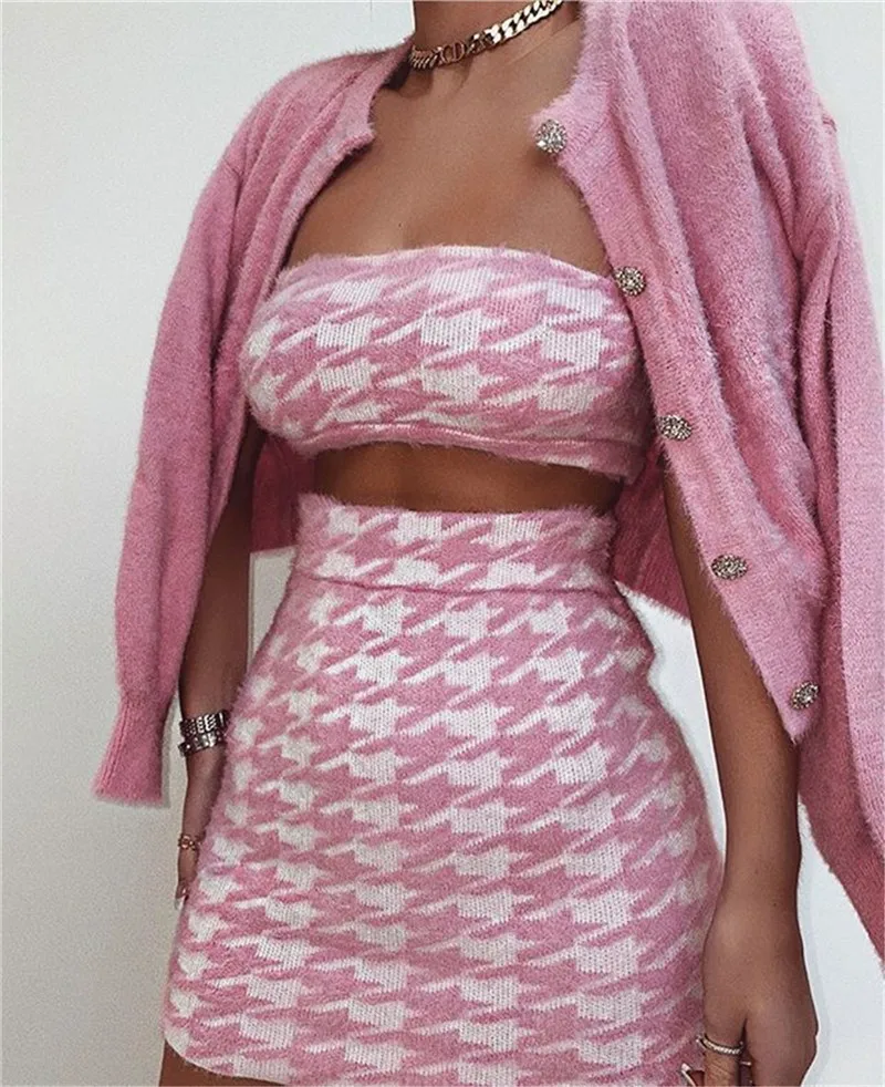 

Ins Autumn Winter New Houndstooth Wrap Top Coat Sweater Women Knitted Bodycon Skirt Slim Suit Women Clothes